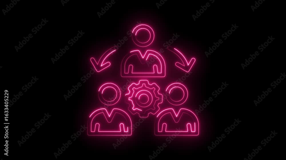 Poster glowing neon pink team collaboration icon with gear symbol and circular arrows representing workflow