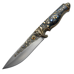 Ornate decorative dagger with intricate gold and silver filigree detailing on the handle and blade isolated on transparent background