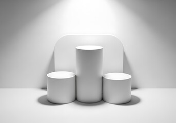 Three white ceramic vases with textured rims on a pedestal