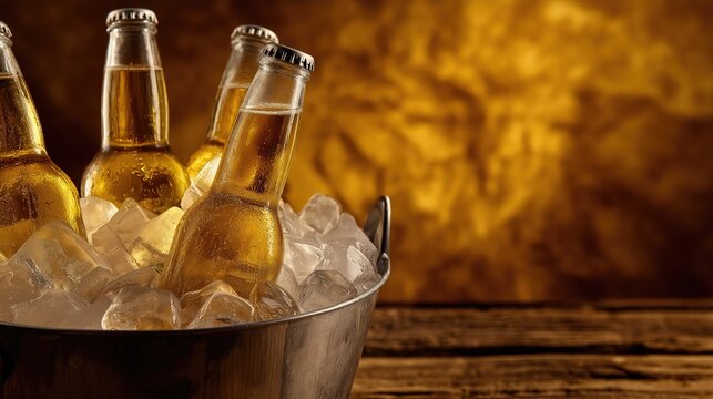 Luxury Craft Beer Bottles in Ice Bucket on Golden Wood - Premium Beverage Photography for Gourmet Menus, Oktoberfest Promotions and Corporate Gifting