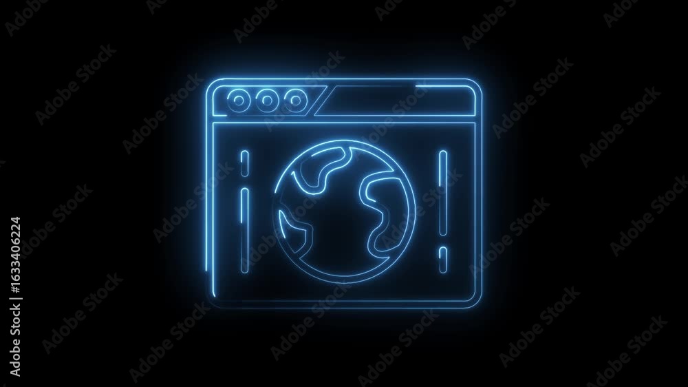 Poster glowing blue neon globe icon within a browser window interface symbolizing global internet connectiv