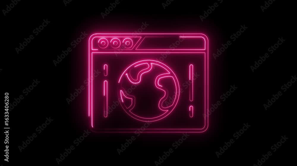 Poster glowing neon pink globe icon within a browser window interface on a black background representing gl