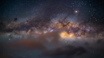Panoramic milky way galaxy arch across starry night sky — astrophotography of dense stars and interstellar dust, deep-space cosmic background - Powered by Adobe