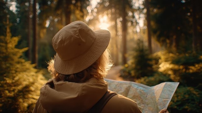 Lost in the Woods: A wanderer, lost in a serene forest, holds a detailed map, seeking direction. The scene evokes a sense of adventure, contemplation, and the thrill of exploration. - Powered by Adobe