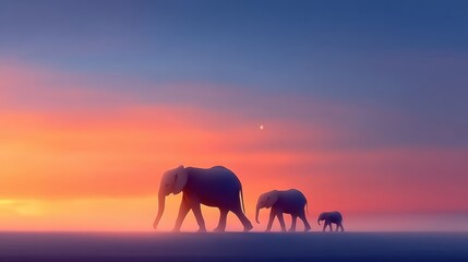 Obraz premium Elephant Family Silhouette at Sunset: An awe-inspiring scene of an elephant family traversing the horizon at sunset, their silhouettes beautifully framed against the vibrant hues of the sky.