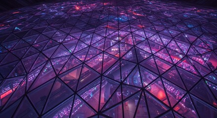 Futuristic geometric dome with intricate glass panels and vibrant purple illumination