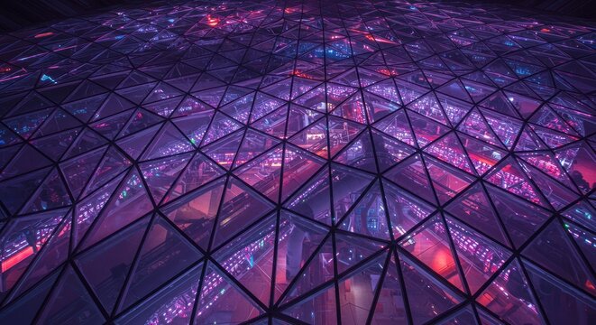 Futuristic geometric dome with intricate glass panels and vibrant purple illumination - Powered by Adobe