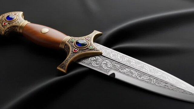 Ornate dagger rests on dark fabric