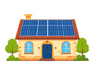 Ecofriendly stone house with large blue solar panels on a terracotta roof featuring a central blue door and arched windows.