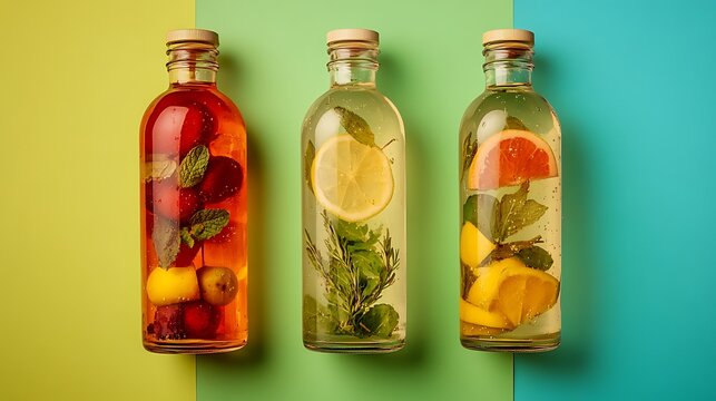 Refreshing infused water bottles with citrus, herbs, and berries for vibrant wellness and healthy hydration on a colorful background - Powered by Adobe