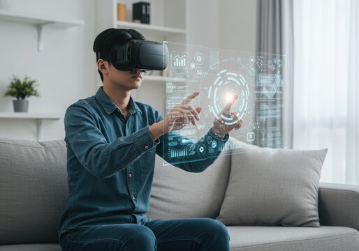 Man wearing virtual reality headset interacting with holographic digital interface - Powered by Adobe