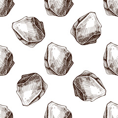 Hand drawn vintage seamless pattern of assorted rustic stones in monochrome brown sketch style, vector illustration