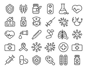 Naklejka premium Comprehensive collection of solid healthcare and vaccination symbols for medical and public health communication isolated on transparent background