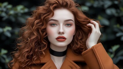 Elegant Portrait of a Young Woman with Red Curly Hair and a Choker