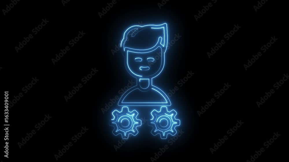 Poster glowing blue neon icon of a person with gears symbolizing technology automation and engineering on a