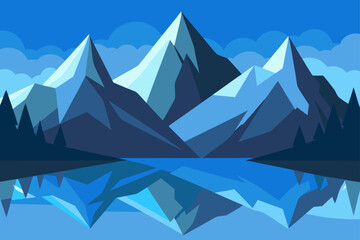 Geometric mountains reflected in a calm blue lake