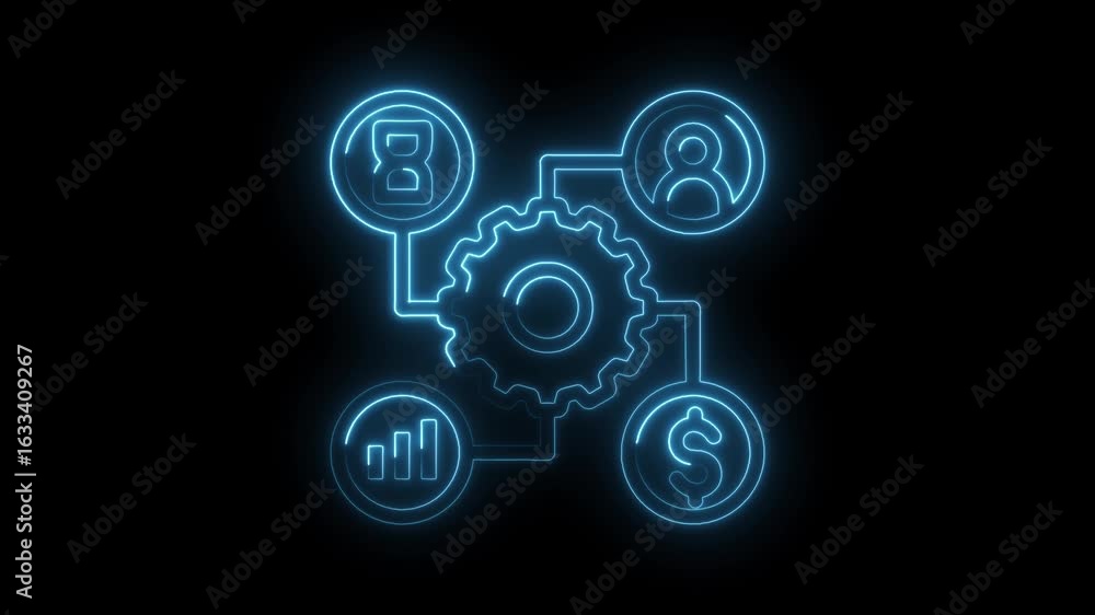 Poster glowing neon business process flowchart icon animation with gear user analytics dollar symbol on bla