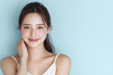 首に手を当てるアジア人女性