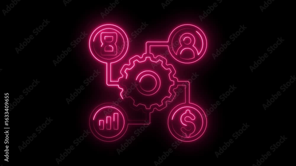 Poster glowing neon business process flowchart with gear icon user symbol graph icon and dollar icon on bla