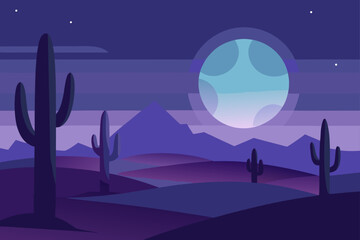 Obraz premium Stylized desert night landscape with saguaro cacti and a large moon