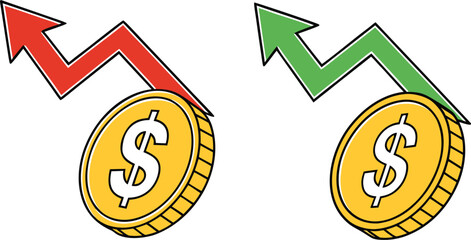 Fluctuating Dollar Value Depicted by Arrows and Coins Indicating Financial Market Trends and Investment Opportunities