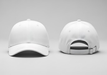 Two white baseball caps displayed front and back