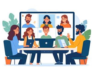 Flat illustration of a diverse business team in a hybrid meeting with remote colleagues on a large video conference screen.