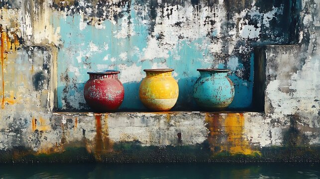 Rustic trio of colorful pottery evokes travel memories and artistic charm for home decor inspiration with a vibrant, textured background