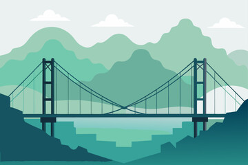 Obraz premium Stylized suspension bridge over water with mountains and clouds