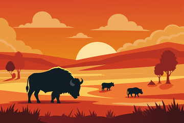 Bison herd silhouetted against a vibrant sunset landscape