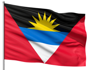  Waving Antigua and Barbuda Flag with Radiant Sun Emblem and Realistic Fabric Texture, isolated on transparent background