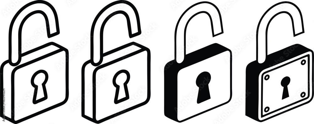 Poster four open padlocks depicted in line art style security concept simple black and white illustration u