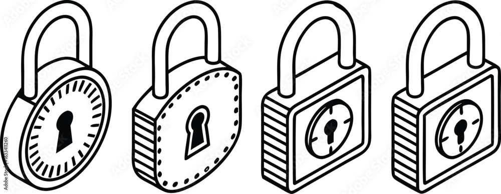 Poster four isometric padlocks representing security safety and protection concepts in cybersecurity and in