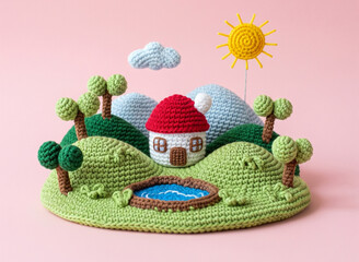 Crochet Miniature Landscape with a Red Roofed House