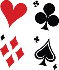 Four Playing Card Suits on White Background Heart Diamond Club and Spade Symbols Representing Poker Games Gambling and Luck