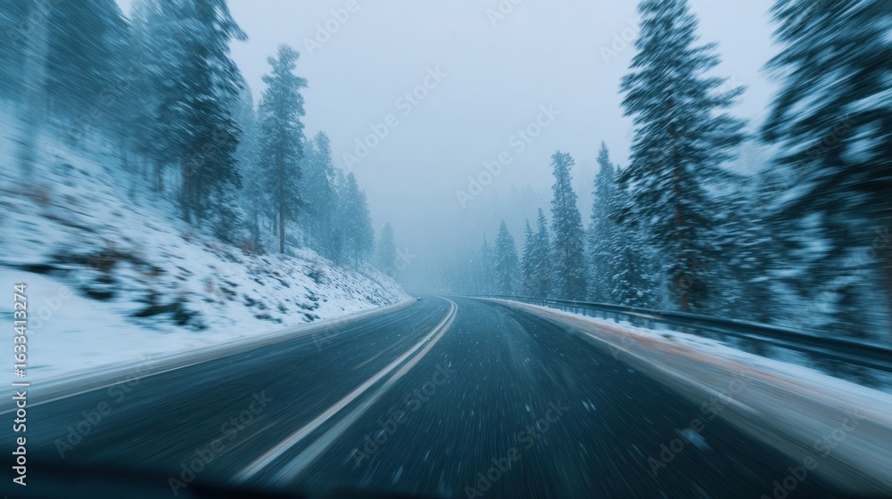 Poster winding road through a snowy forest in winter with fog creating a serene yet mysterious atmosphere