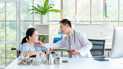Asian male doctor in white coat with stethoscope, consulting explain medications to senior female patient professional support trust healthcare checkup, insurance treatment wellness in hospital clinic