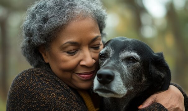 Happy mixed-race woman hugging her dog in the park, celebrating the emotional connection between animals and humans, Generative AI - Powered by Adobe