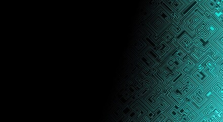 Abstract digital circuit board design with glowing turquoise lines against black background.