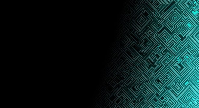 Abstract digital circuit board design with glowing turquoise lines against black background.