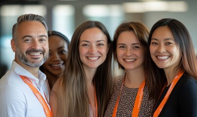 Fototapeta premium Inclusive and diverse group of office colleagues smiling at a team-building business workshop event, promoting race inclusion and diversity, Generative AI