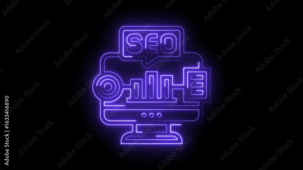 Poster glowing neon s e o icon computer monitor analytics data charts speech bubble digital marketing techn