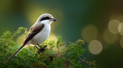 A portrait of a watchful red-backed shrike perched on a green branch during a golden sunset, with beautiful bokeh