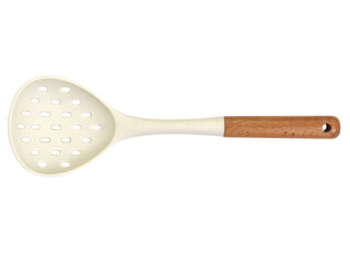 Slotted cooking spoon with cream-colored head and wooden handle, isolated on transparent background