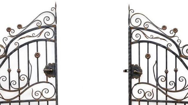Ornate iron gate stands ajar