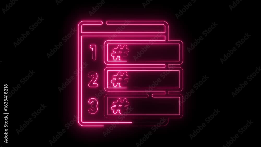 Poster glowing neon pink list icon with numbers one two three and hashtag symbols on transparent black back
