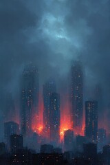 Obraz premium Night city skyline, stormy clouds, glowing lights