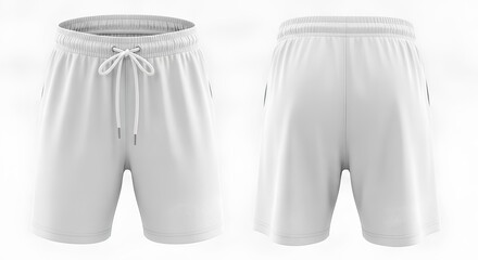 Blank white shorts mockup with drawstring, featuring front and back views isolated on a white background for apparel template design.