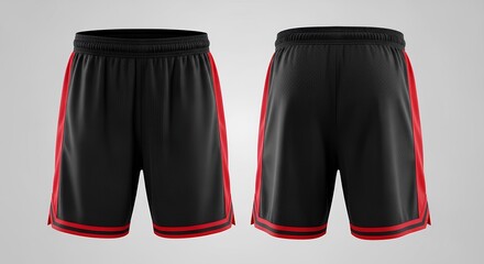 Athletic black basketball shorts with red stripes, shown in front and back view. Sportswear apparel mockup for design.