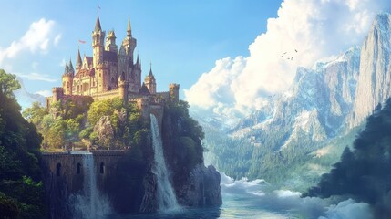 Fairytale castle perched on a clifftop, waterfalls cascading down to a tranquil lake. Lush greenery surrounds the majestic structure, set against a backdrop of snow-capped mountains and a vibrant sky